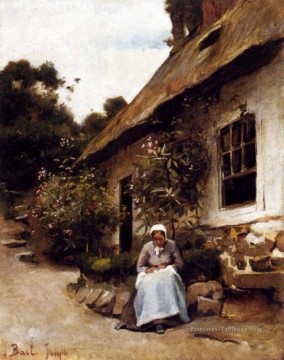  femme Peintre - Femme coudre devant son chalet Joseph Claude Bail